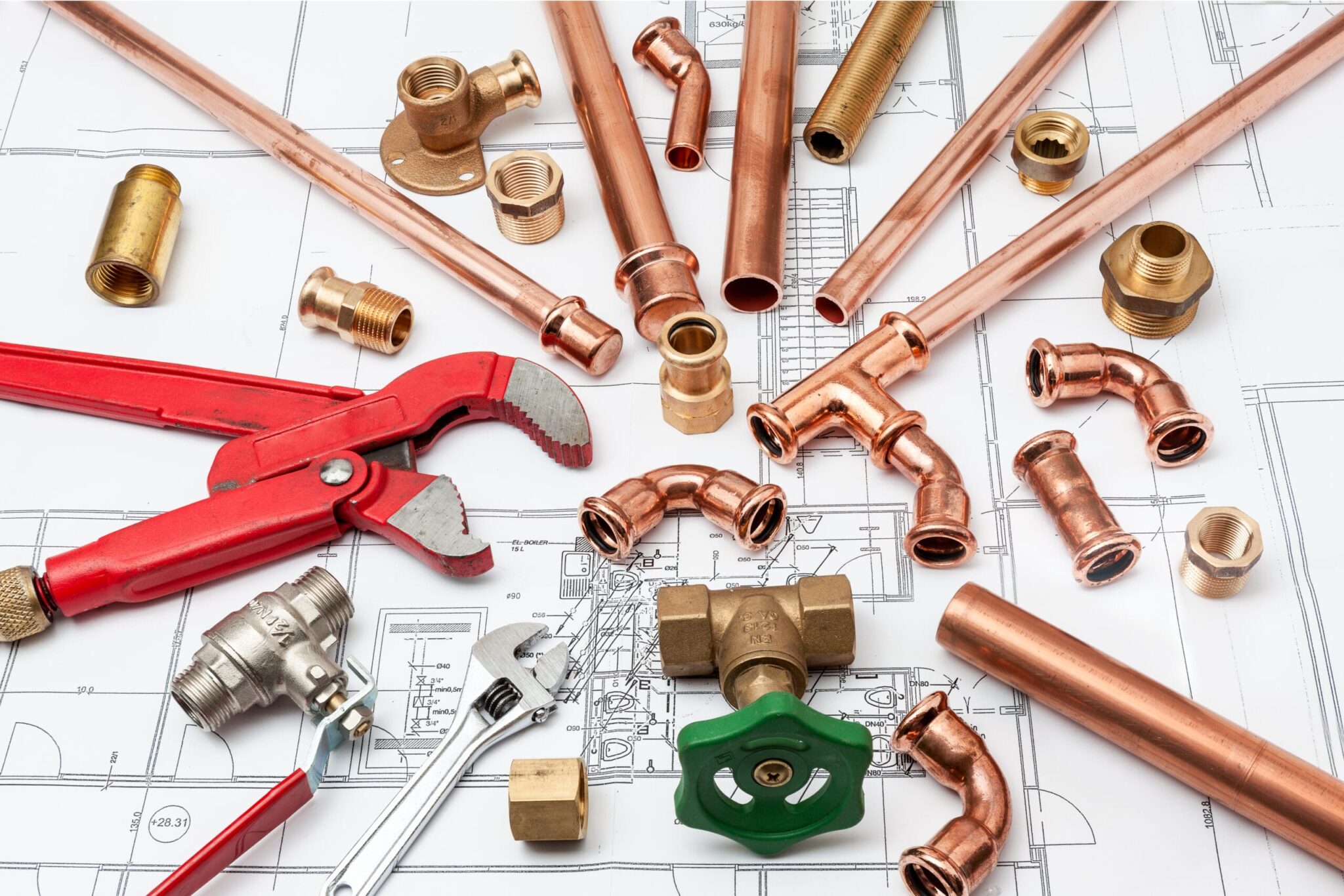 Copper pipes, fittings, valves, and plumbing tools in Royal Palm Beach