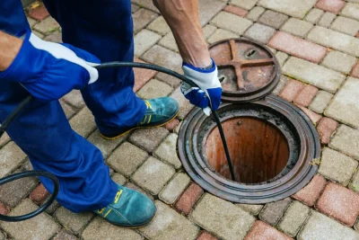 Plumber cleaning an outdoor sewer drain in Royal Palm Beach