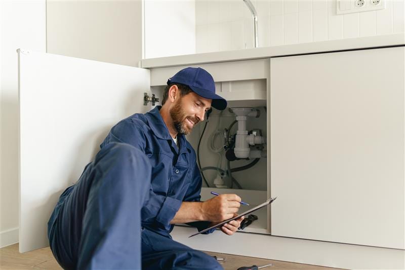 Residential plumber reviewing plumbing repairs in a Royal Palm Beach kitchen