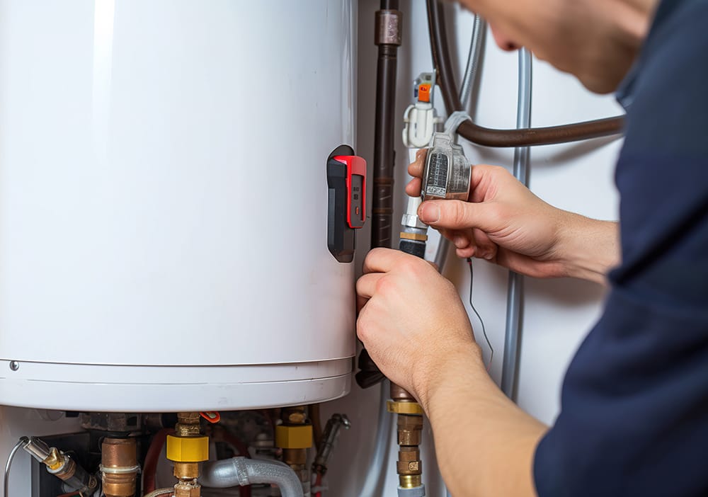 Technician repairing pipes connected to a water heater in Royal Palm Beach